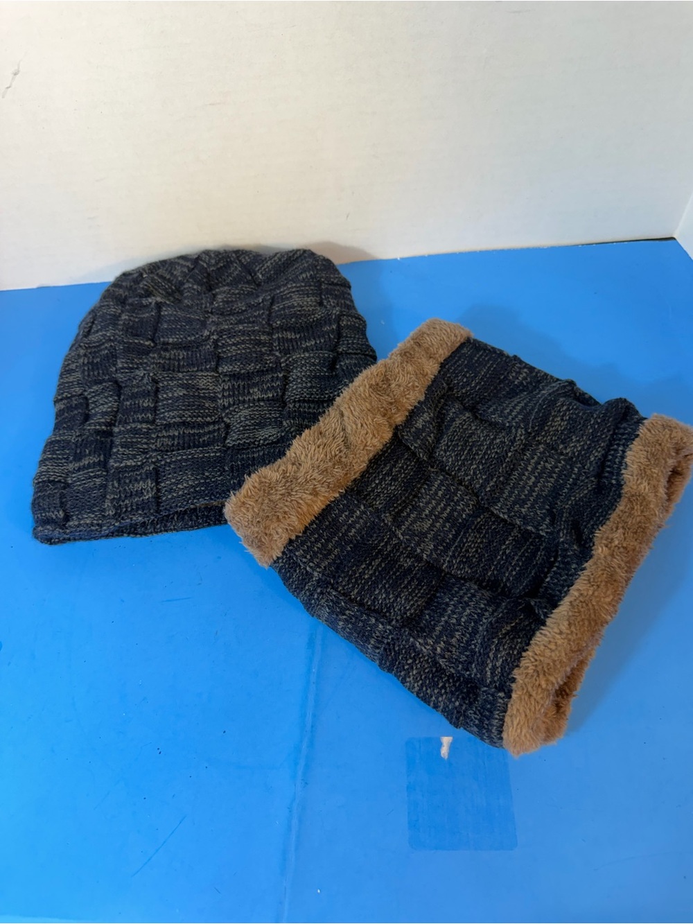 Men's Black Knit Beanie and Neck Warmer Set with Brown Faux Fur Trim